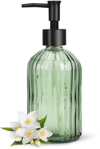 Topsky Glass Soap Dispenser with Black Plastic Pump, 400ml Liquid Hand Soap Dispenser, Rustproof Pump for Kitchen & Bathroom, Great for Lotions, Essential Oil, Liquid Soaps (Army Green)