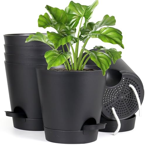 Homeuouz 6 Packs Blumentopf Selbstbewässernd, 17.8cm Pflanzentopf mit Bewässerungssystem, Übertopf mit Untersetzer, Blumentöpfe Set Ideal für Innen und Balkongärten, Schwarz