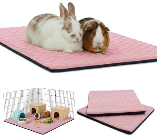 NEO SOLVO Set om 2 – fleecematta för marsvin och kanin, 70 x 105 cm, rosa med separat tunnelfilt, absorberande och vattentät – bur och inhägnad