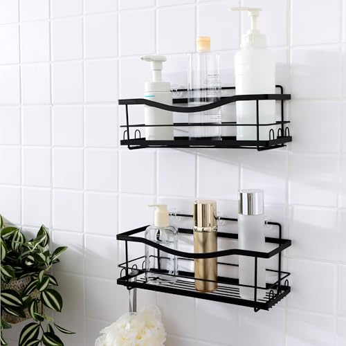 KINCMAX Iron Shower Caddies - Self Adhesive Bathroom Shelves for Showers - Wall Organiser Shampoo Holder Shelf - Peel and Stick On Caddy Bath Tub Rack - Pack of 2 Holders - Black