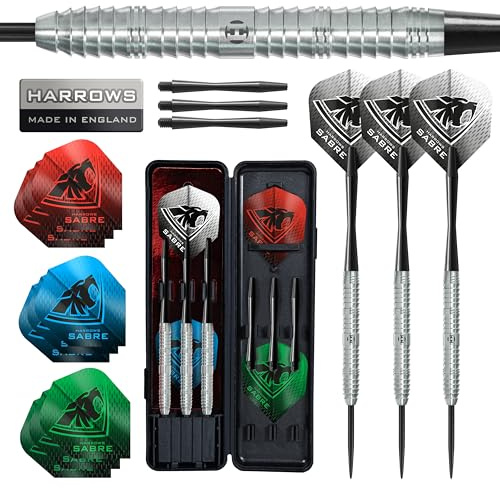Harrows Sabre 90% Tungsten Steel Tip Darts Set – Professional Precision 21g to 26g | 23pc Bundle with Spare Shafts, Marathon Flights & Travel Case | Pro Player Tested, Tournament Quality - 22g