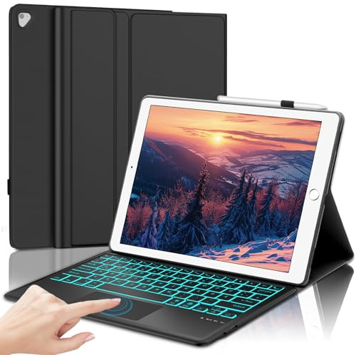 FOGARI Tangentbordsfodral för iPad Pro 12,9 1./2. generationen, tangentbord för iPad Pro 12.9 2017/2015, styrplatta, belysning med 7 färger, layout magnetiskt avtagbart tangentbord, svart