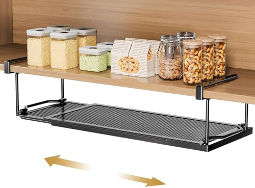 YORBAY Ajustable Cesta Colgante para Debajo de la estantería, Almacenaje de Cocina bajo Balda Estante de Metal, Estante Inferior para cocinas y armarios (Negro)