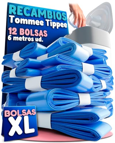 Pack 12 Recambios Papelera Pañales XL – 6 Metros por Unidad (72M Totales) – Aroma Talco Bebé – Bolsa Pañales Compatible Tommee Tipee Twist & Click, Simplee Sangenic, Sangenic Tec