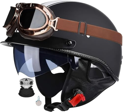 Casco Jet De Moto Retro con Visera, para Mujeres Adultas Y Hombres, Cascos De Motocicleta Vintage De Media Cara para Scooter, Casco Dot/ECE Homologado 3,XL