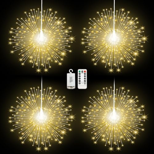 Lewondr Luci Fuochi D'Artificio Natalizi, 4PCS Luce Appendibili Fate Con Telecomando, 200 Luci LED, 8 Modalità, Luce A Stringa Stelle Impermeabili Per Interni Esterni Decorazione, Bianco Caldo