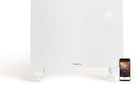 CREATE/WARM CRYSTAL 1500W / Convecteur électrique en verre avec WiFi et roues Blanc/Application, capteurs de précision, minuterie, basse consommation, installation murale ou au sol, écran LED