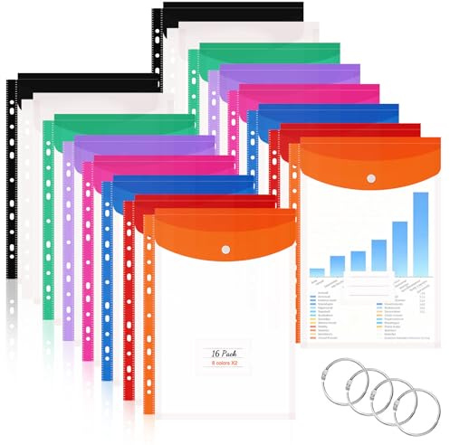 Plastic Wallets A4 Punched Pockets - 16 Pcs Poly Pockets A4 Expandable Folders Plastic Document Files with Button, Tab Card, and 4 Binders Plastic Folders for School, Office, Home, Travel（8 Colors）