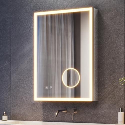 SONNI Spegelskåp badrum med belysning och uttag 70 x 50 cm, aluminiumspegelskåp med touch-brytare, 3 ljusfärger defogging 3x förstoringsspegel + minnesfunktion