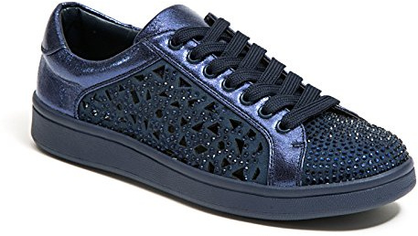Lady Couture Laser Cut Sneakers with Rhinestone Women's Shoes, Rubber Sole Lightweight Casual Fashion Sneakers with 1-Inch Flat Heel Paris Navy 40