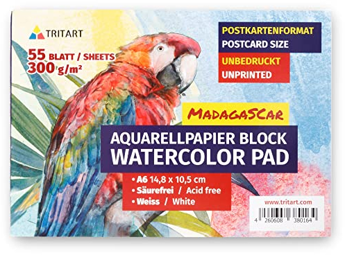 Tritart 55x A6 Aquarellpapier 300g/m² - 55 Seiten Aquarell Papier - Din A6 Aquarellblock - Watercolor paper - Aquarell Skizzenbuch mit 55 Seiten - Watercolor Sketchbook
