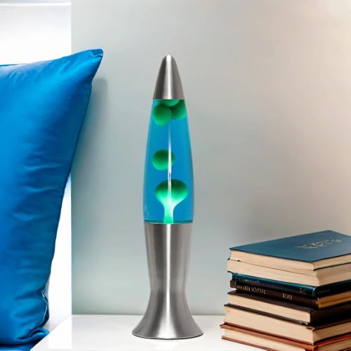 Easylight Lavalampe Aluminium Glas in Silber Blau Grün Wohnzimmer 40 cm hoch Retro Tischlampe Jugendzimmer ANGELINA