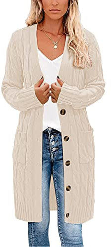 kinstell Damen-Strickjacke mit langen Ärmeln, Knopfleiste, grob, Aran-Zopfmuster, lange Länge, Boyfriend-Grandad-Cardigan, weiß, M