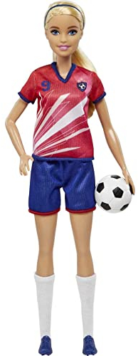 Barbie You Can Be Anything Serie, Fußballspieler, Fußballspieler mit blonden Haaren, rotem und blauem Trikot, Ball, Zubehör, inkl Puppe, Geschenk für Kinder ab 3 Jahren,HCN17