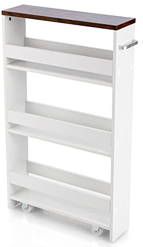 COSTWAY Slim Storage Trolley, 4 Tier Slide Out Rolling Utility Cart with Handle & Anti-falling Design, Kitchen Organizer Shelf Trolley on Wheels, 47x13x80cm (White)