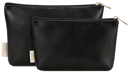 Wandering Nature Makeup Bag Small Cosmetic Bag for Purse 2 Pack Small Make Up Pouch Vegan Leather Cute Travel Pouch with Zipper for Women, Black