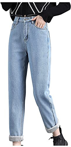 Pantaloni termici da donna con elastico in vita caldo – pantaloni in pile con interno in pile foderato in pile, in denim, jeans a tubo soffici, in peluche a matita, spessi, caldi, pantaloni invernali