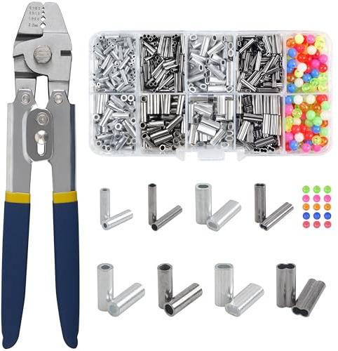 Fishing Crimping Tool Kit Stainless Steel Crimp Pliers Wire Rope Crimping Tool + 590pcs Crimp Sleeves Beads Kit,8 Crimping Sizes