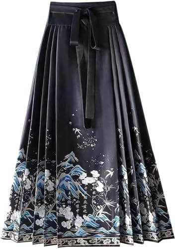 Falda con cara de caballo para mujer falda con cara de Hanfu de caballo chino tradicional corbata plisada plisada impresa falda con línea falda de Jacquard con dobladillo grande (Color 1,XL)