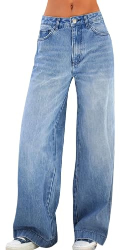 Women's Casual Loose Baggy Jeans - Y2K Streetwear Denim Pants for Office Work With Pockets, Button Utility Safety Wide Leg Trousers