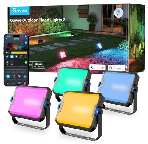 Govee Outdoor Flood Lights 2, RGBIC Floodlight Warm White with Alexa, Google Home, Matter, 50+ Scene Led Floodlight, Upgrated IP66 Waterproof Outdoor Led Lights for Garden, Courtyard, Landscap, 4 Pcs