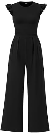 PRETTYGARDEN Summer Jumpsuits for Women Dressy 2025 Fashion Ruffle Cap Sleeve Romper Crew Neck Rib Knit One Piece Outfits (Black,Medium)