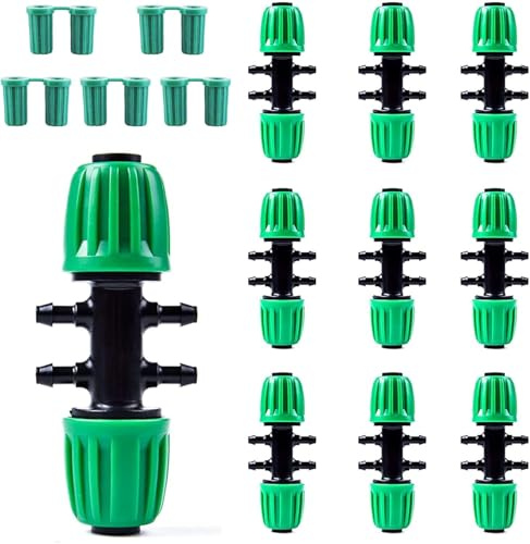 Rolcoassuns 10 Pezzi Raccordo a T a Spina 1/2→1/4 per Tubi Irrigazione, Connettori Anti-Goccia con 10 Tappi Terminali per Sistemi a Goccia 14mm/16mm→4mm/7mm, Adattatore a 6 Vie