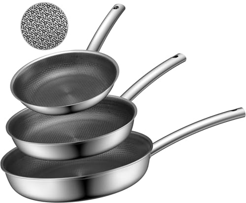BLAZANT Poêles à Frire Induction 20 24 28 cm, Set 3 Poêles Inox avec Structure Alvéolaire, Revêtement Antiadhésif Sans PFAS, Résistant Rayures Spatule Métallique, Lave-Vaisselle et Four, Tous Feux