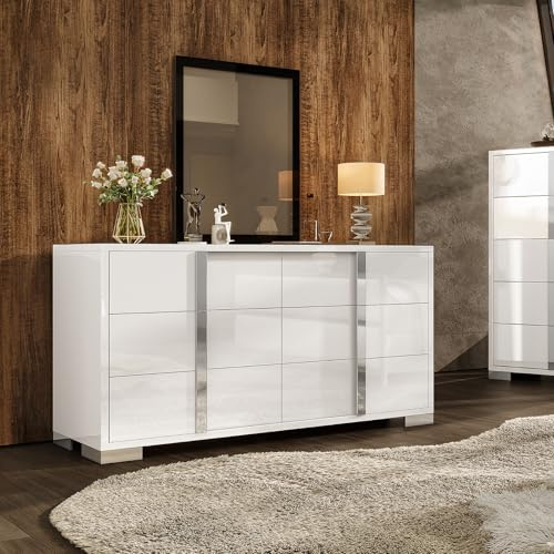 LUXOAK Moderne Hochglanz Kommode Weiß mit 6 Schubladen, Minimalistischer Schubladenschrank für Schlafzimmer, Wohnzimmer & Ankleidezimmer, Großer Aufbewahrungsschrank in elegantem Design