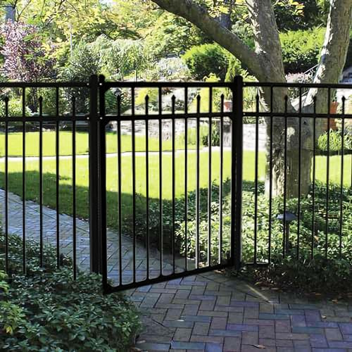 Nuwovwo Steel Fence Gate 6ft H x 4.2ft W for Metal Fence Panels, Galvanized Steel Gate, DIY Installation for Garden Fence/Backyard, Wrought Iron Style Metal Gate, 3-Rail Black Upgraded Incl. 1 Post