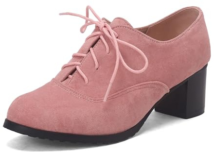 SHEMEE Women's Block Heels Oxfords Lace Up Brogues Faux Suede Chunky Heel Oxford Pumps Retro Victorian Laced Oxford Brogue Derby Shoes Pink,Size 11