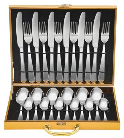 Juego de 24 cubiertos, cubiertos en maletín de acero inoxidable con 6 cuchillos, 6 tenedores, 6 cucharas pequeñas, 6 cucharas grandes, elegantes juegos de cubiertos para el uso diario en casa