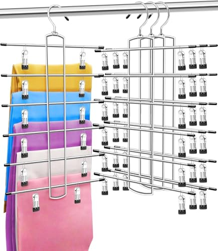 ABCHCHS Pants Hangers with Clips - Space Saving Hanging Closet Organizer and Storage - 6 Tiers Skirt Hangers with 360° Swivel Hook - Clothes Hangers- Dorm Apartment Essentials - 3 pack