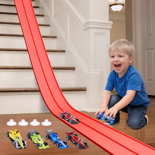 4.5m Flexible Race Car Track for Kids, Double-Sided Racetrack and Dual Racetrack,Compatible with 1:64 Diecast Cars, Portable Roll Up Track Toy for 3 4 5 6 7 8 Year Old Boys (Orange)