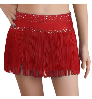 Linyuir Bambina Rock Latino Corto Rock Ballo con Spettro Frangia Glitter Strass Gonna Miniskirt Abbigliamento Pattinaggio Artistico Outfit Samba Salsa E Valzer Rosso 9-10 Anni