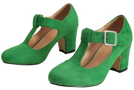 Mary Jane Zapatos de tacón alto para mujer, elegantes zapatos de plataforma con doble correa y lazo, punta redonda, zapatos de baile, tacón de bloque, pies anchos para Oktoberfest Dirndl, F01 Verde
