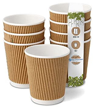 BIOZOYG Pack of 25 Coffee Cups Insulated Paper Cups 200 ml / 8 oz Diameter 80 mm White/Brown - Ribbed Plastic-Free Sustainable Materials - Disposable Cups Mulled Wine Cups