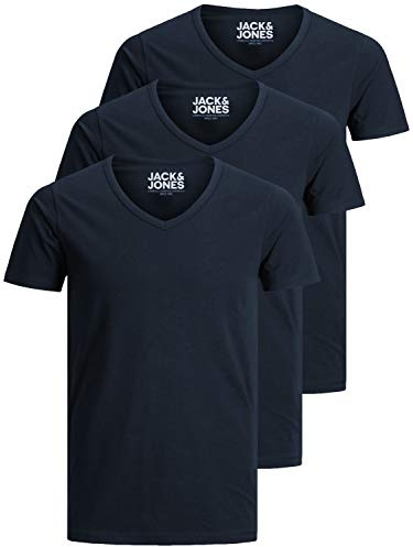 Jack and Jones - Maglietta da uomo basic con scollo a V, confezione da 3, tinta unita, slim fit, in bianco, nero, blu, grigio, Blu, XL