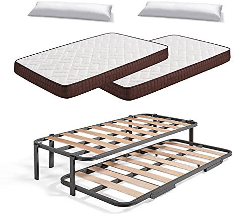 HOGAR24 ES Cama Nido Metálica Reforzada con 6 Patas + 2 Colchones Viscobrown + 2 Almohadas de Fibra Tacto Pluma, 105x200 cm