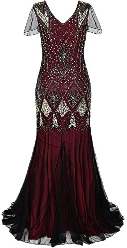 Feynman Damen 1920er Jahre Abendkleid V-Ausschnitt Pailletten Perlen Fransen Kleid, Retro Lange Glitzer Party Kleider Sexy Langarm Maxikleid Elegant Cocktailkleider Party Hochzeit