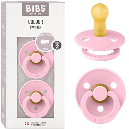 BIBS Colour Soother 2-Pack, BPA Free Dummy Pacifier, Round Nipple. Natural Rubber Latex, Size 2 (6-18 Months), Baby Pink/Baby Pink