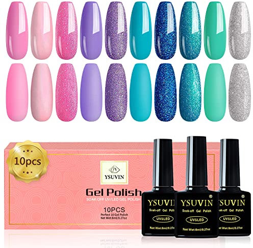 Yueshop Gel Nail Polish Mermaid Series 10 Colors, Pink Purple Blue Green Glitter UV Gel Polish - Popular Nail Art Design Home Gel Nail Varnish Set