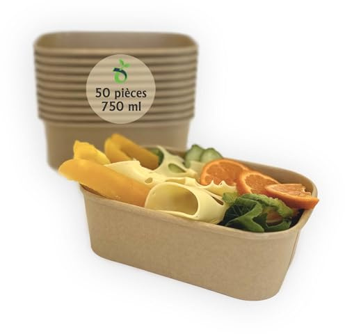 ECOPICNIC Salatiera Rettangolare in Carta Kraft 750 ml - Confezione da 50 Pezzi | Contenitori Monouso per Insalate, Ciotole per Poke, Alimenti da Asporto, Vaschette in Cartone Ecologiche
