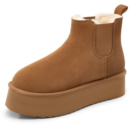 Athlefit Women's Classic Chelsea Platform Mini Boots Winter Warm Fur Lined Anti-Slip Short Ankle Snow Chestnut Boots Size 9