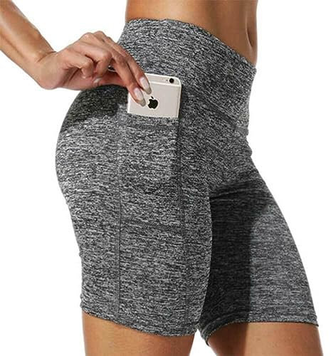 Boolavard Shorts for Women with Pockets – High Waisted Tummy Control Workout Yoga Running Gym Short Pants (L, Grey)
