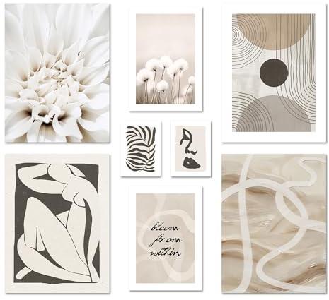 ArtFAVES® Affischset – ABSTRACT SVART – flerdelad väggdekoration vardagsrum och sovrum – 8 moderna väggmålningar abstrakt, konst, Henri Matisse, svart-vit, beige – utan bildram