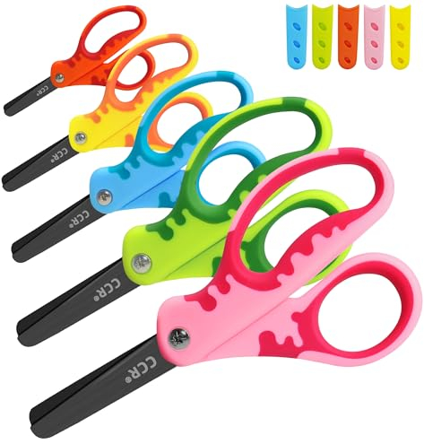 CCR Kinderschere,Sicherheitsschere für Kinder mit Schutzhülle,Schwarz Beschichtete Kinderschere,Vorschulschere,13,5 cm,5er-Set，Mehrfarbig，Weicher und Komfortabler Griff