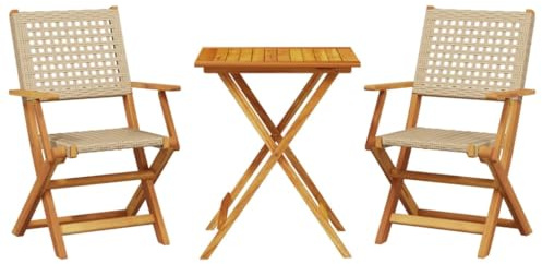 vidaXL Juego de Bistro de 3 Piezas ratán PE y Madera Maciza Beige, Juego Bistro, Muebles de Exterior, Juego de Muebles de jardín, Juegos bistró