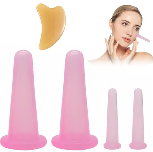 Set Coppettazione Viso Silicone,Coppette Massaggio Viso,Coppette Anticellulite 4PC Dispositivo di Coppettazione con Gua Sha Piatto per Corpo Collo Braccio Facial Trattamenti di Bellezza