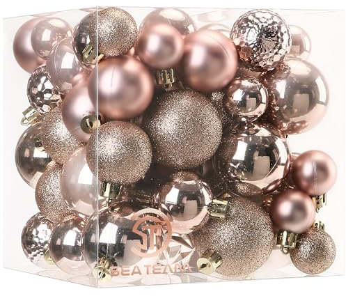 Sea Team Confezione da 70 ornamenti natalizi con cordini, palline da 30 mm-50 mm, in plastica infrangibile, decorazioni da appendere per albero di Natale, vacanze, matrimoni, feste, colore oro rosa